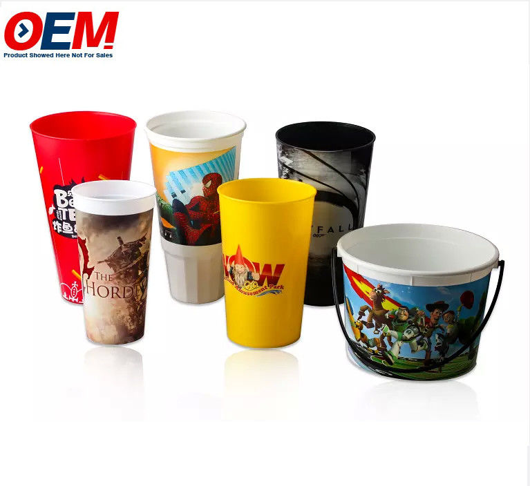 ظرف پاپ کورن پلاستیکی با کیفیت خوب OEM، چاپ سفارشی کارتون، سطل، فنجان با درب برای تبلیغات